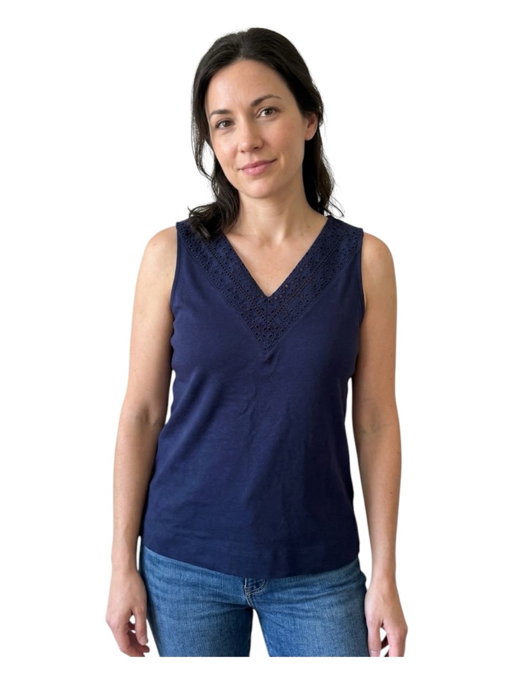 Croft & Barrow Navy Blue Eyelet Lace V-Neck Tank Top Size Medium Boho